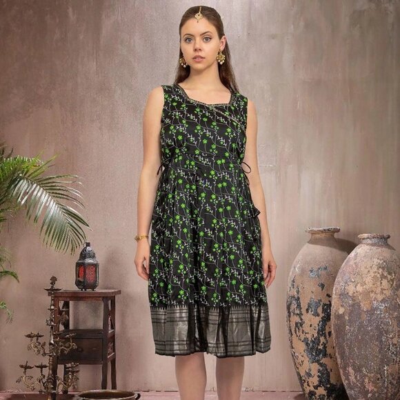 Indian Festive Black and Green Silk Knee Length Dress | Indian Dress in USA Onli - Picture 3 of 5